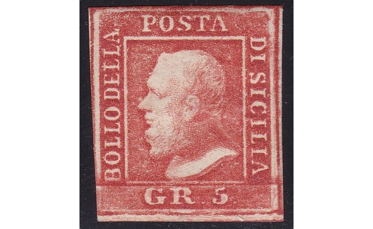1859 SICILIA, n° 10a  5 grana vermiglio  MLH/*  POSIZIONE 94 Siglato Bolaffi/AD