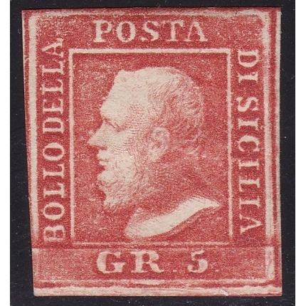 1859 SICILIA, n° 10a  5 grana vermiglio  MLH/*  POSIZIONE 94 Siglato Bolaffi/AD