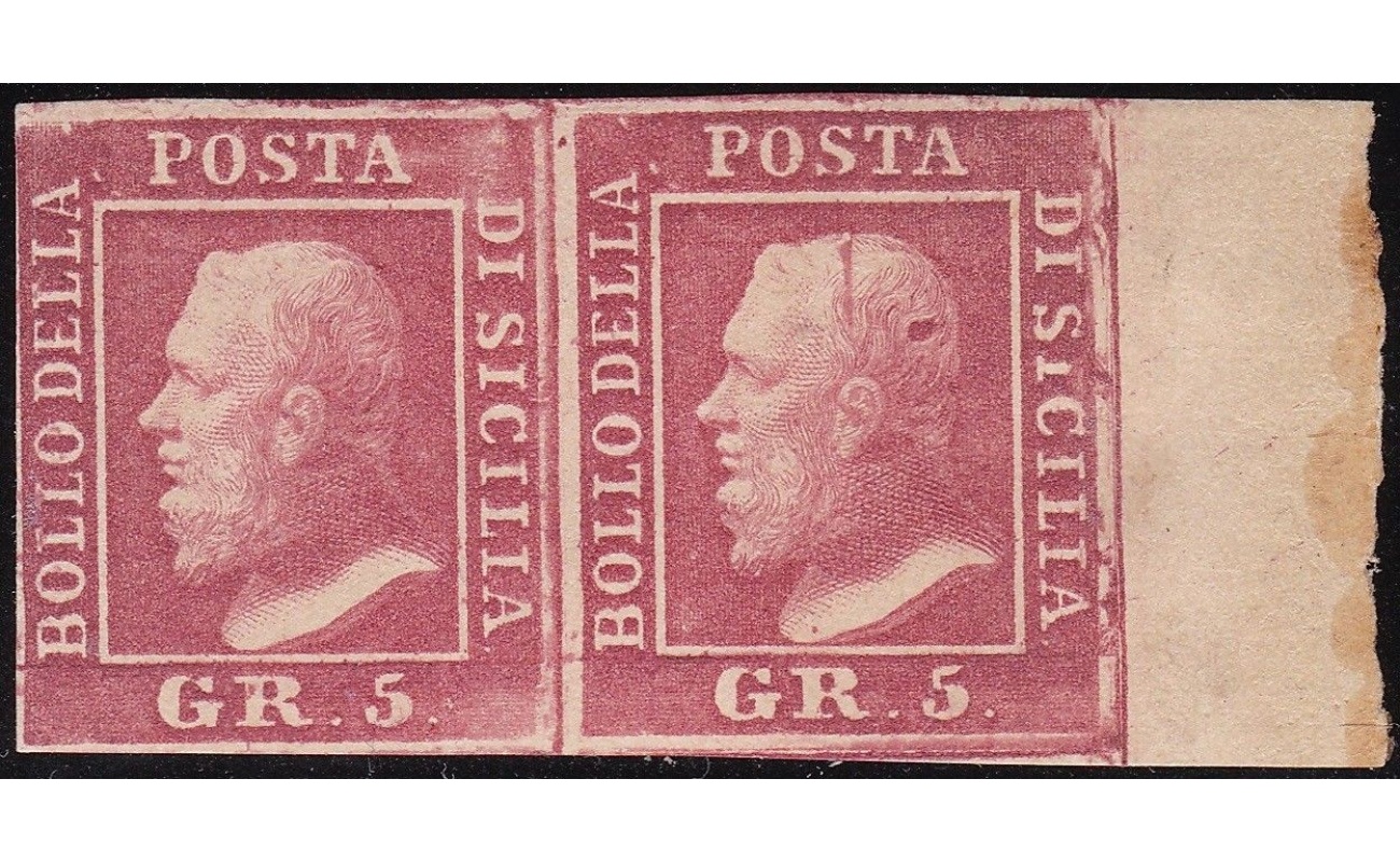 1859 Sicilia, n° 9  5 grana Ia tavola coppia con bordo di foglio MLH/* Certificato Raybaudi