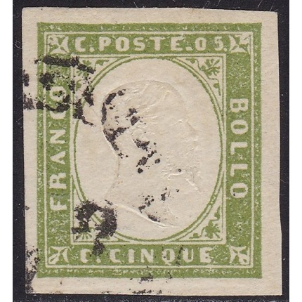 1862 Sardegna, n° 13Dc  5c. verde olivastro USATO Firma Bolaffi