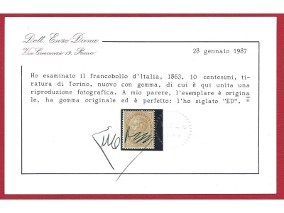 1863 Italia - Regno , n° 17T  TORINO  10 cent. giallo ocra  MLH/* Certificato E.Diena