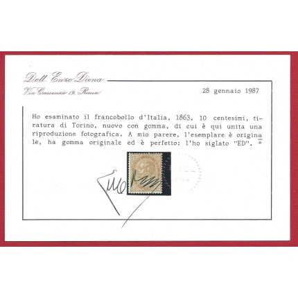 1863 Italia - Regno , n° 17T  TORINO  10 cent. giallo ocra  MLH/* Certificato E.Diena
