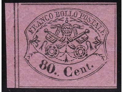 1867 Stato Pontificio, n° 20 80 cent. rosa lillaceo MLH/* MARGINE DI FOGLIO