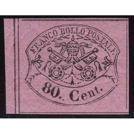 1867 Stato Pontificio, n° 20 80 cent. rosa lillaceo MLH/* MARGINE DI FOGLIO