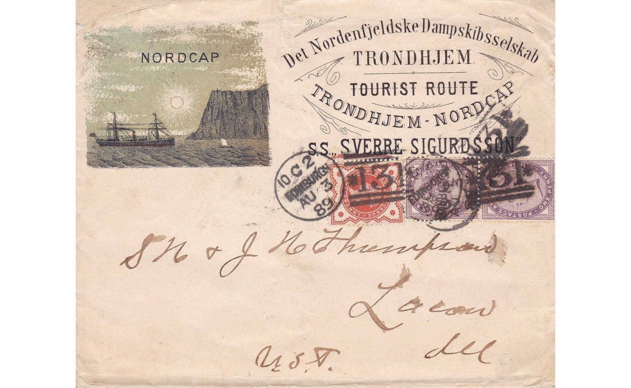 1889 NORVEGIA , busta privata illustrata della rotta turistica per CAPO NORD - Spedizioni Polari