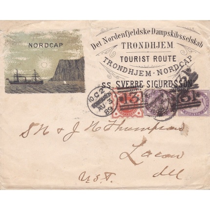 1889 NORVEGIA , busta privata illustrata della rotta turistica per CAPO NORD - Spedizioni Polari