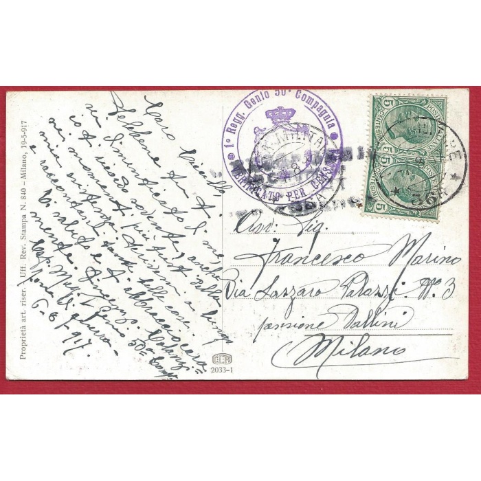 1917 BERTIGLIA Cartolina VIAGGIATA con annullo Censura Posta Militare
