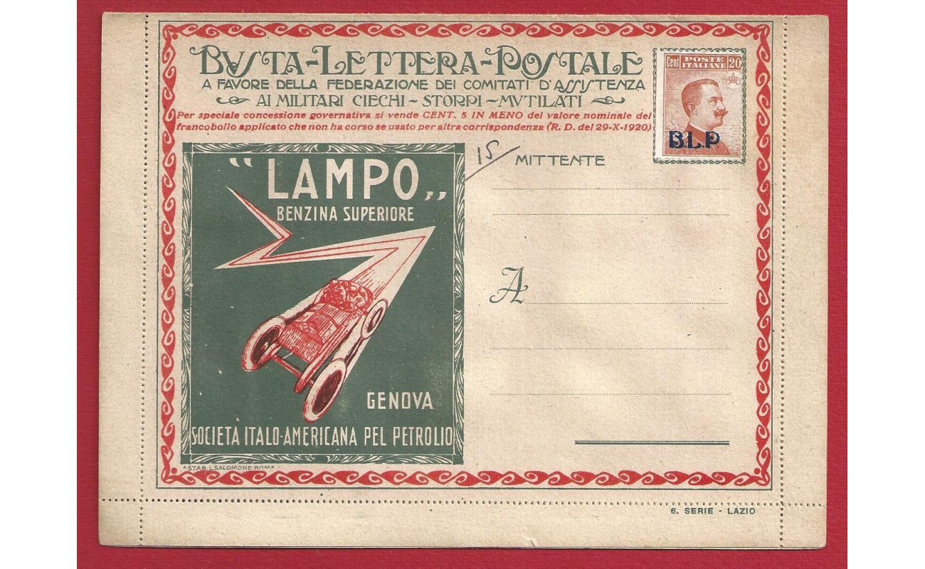 1921 REGNO, BLP n° 2  20 cent. arancio BUSTA SPECIALE NUOVA -