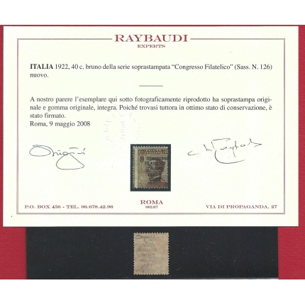 1922  Italia, n. 126 - 40 cent bruno MNH ** Certificato Raybaudi