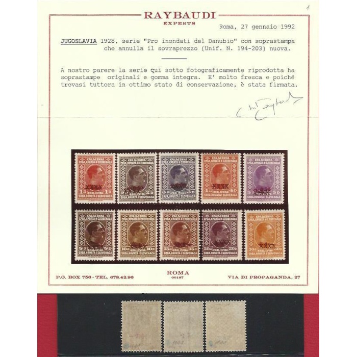 1928 JUGOSLAVIA - Catalogo Michel n. 212/221 - Catalogo Unificato n. 194/203 - MNH** Certificato Raybaudi