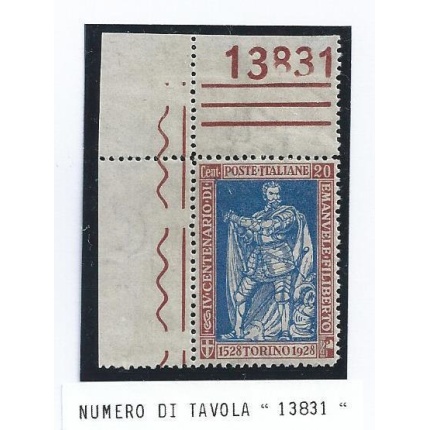 1928 Italia - Regno , - Emanuele Filiberto ,n° 230 N° TAVOLA 13831 MNH**  CENTRATO