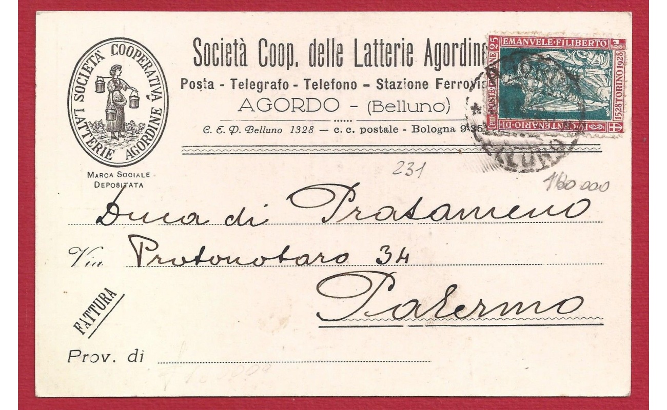 1928 Italia - fattura affrancata con n. 231 al verso marca da bollo da 10 cent. n. 12