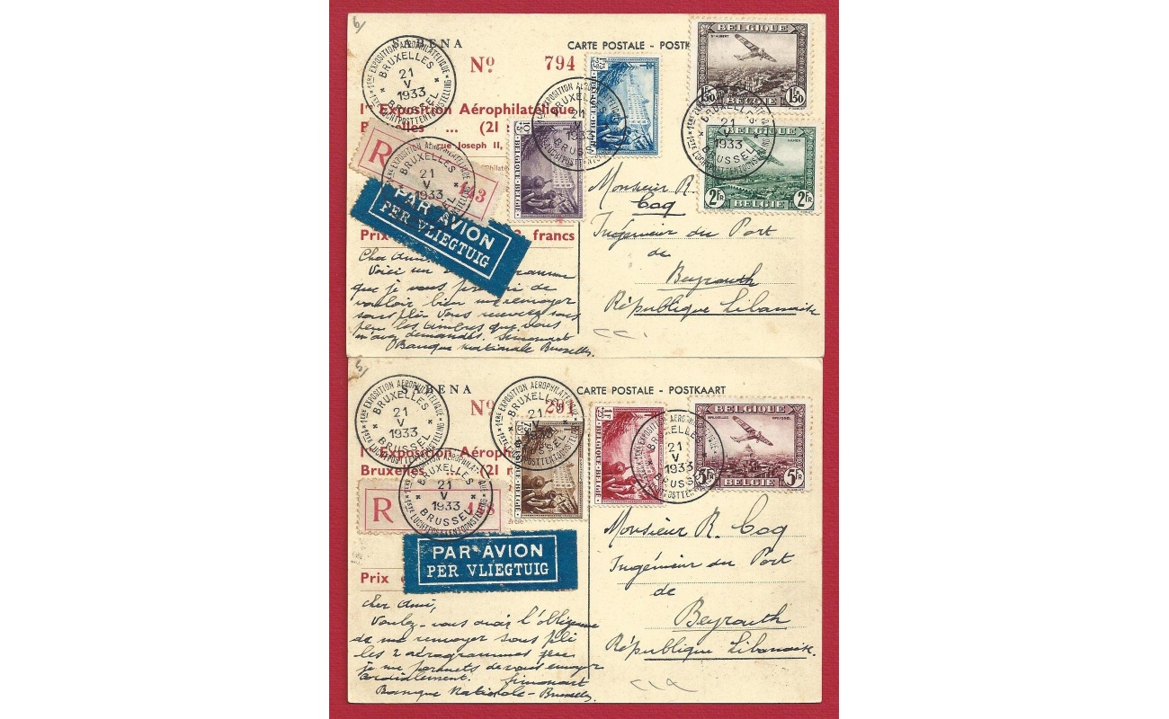 1930 Belgio - Posta Aerea n. 2/4 + 356 + 358/360 su 2 cartoline SABENA
