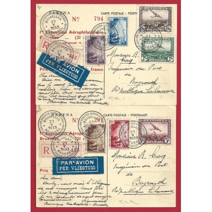 1930 Belgio - Posta Aerea n. 2/4 + 356 + 358/360 su 2 cartoline SABENA