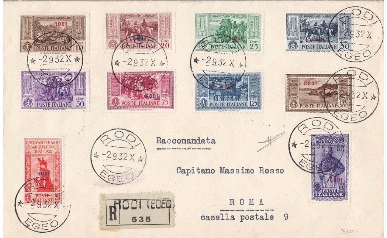1932 Egeo - RODI, Garibaldi - n° 20/29  la serie completa su lettera viaggiata