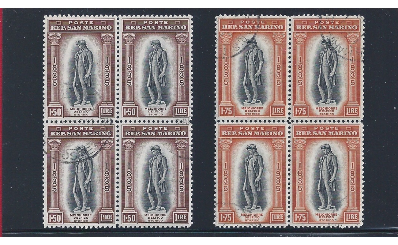1935 SAN MARINO, n° 193/204  Delfico 12 valori QUARTINA USATA