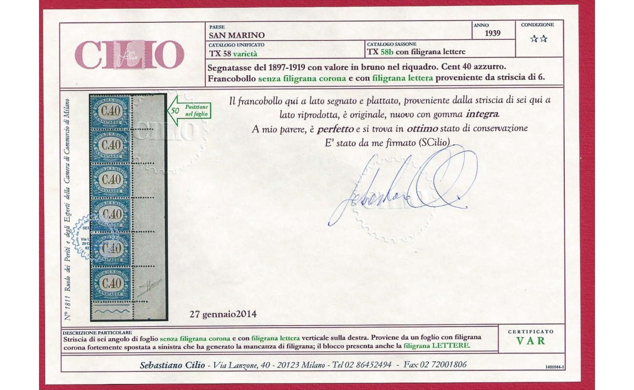 1939 SAN MARINO, Segnatasse n° 58b  40 c. azzurro  MNH/** Certificato Cilio