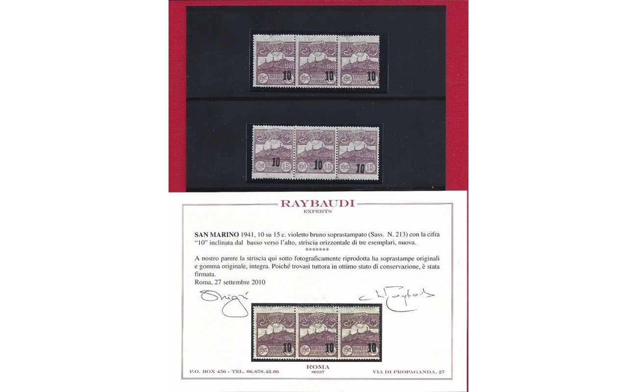1941 SAN MARINO, n° 213b  strisce di tre  MNH/** VARIETA'  Cert. Raybaudi