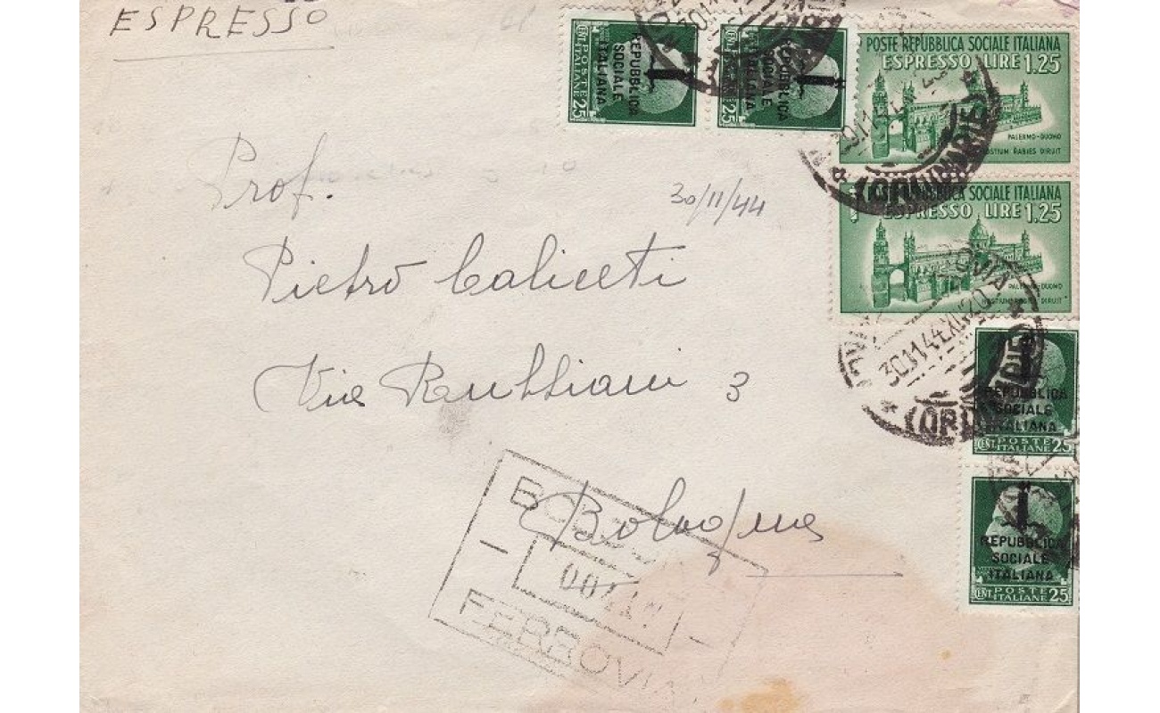 1944 RSI, Lettera con n° 491 25 cent. (x4) con coppia Ex. n° 23 da 1,25 verde