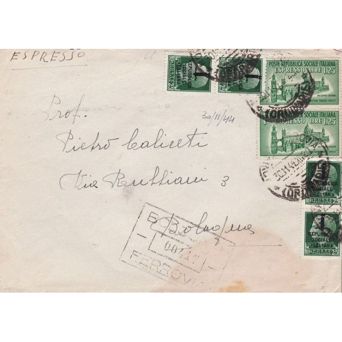 1944 RSI, Lettera con n° 491 25 cent. (x4) con coppia Ex. n° 23 da 1,25 verde