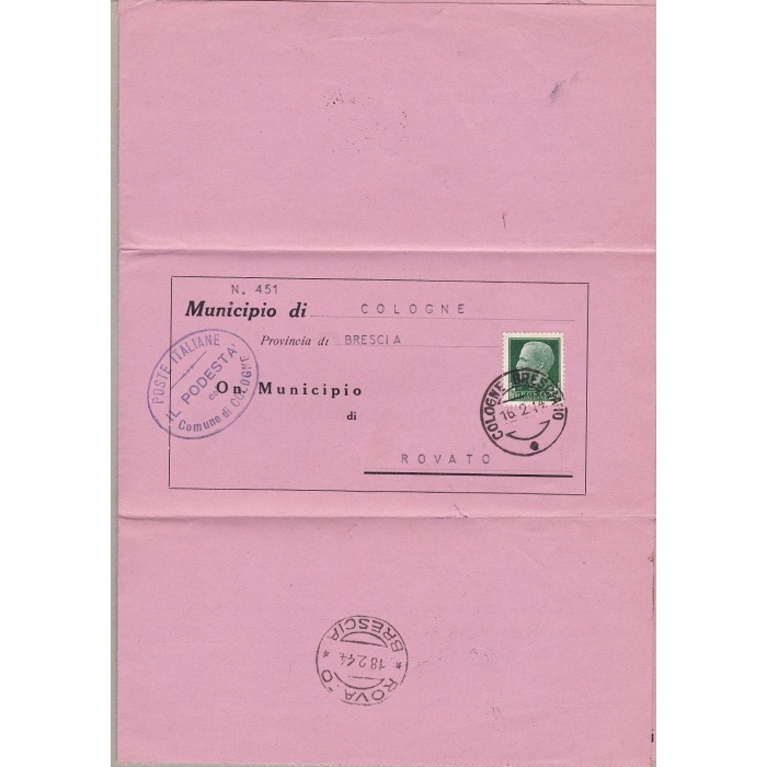 1944 RSI - Manoscritto affrancato con i valori da 25 cent. verde n° 248 + 474/I