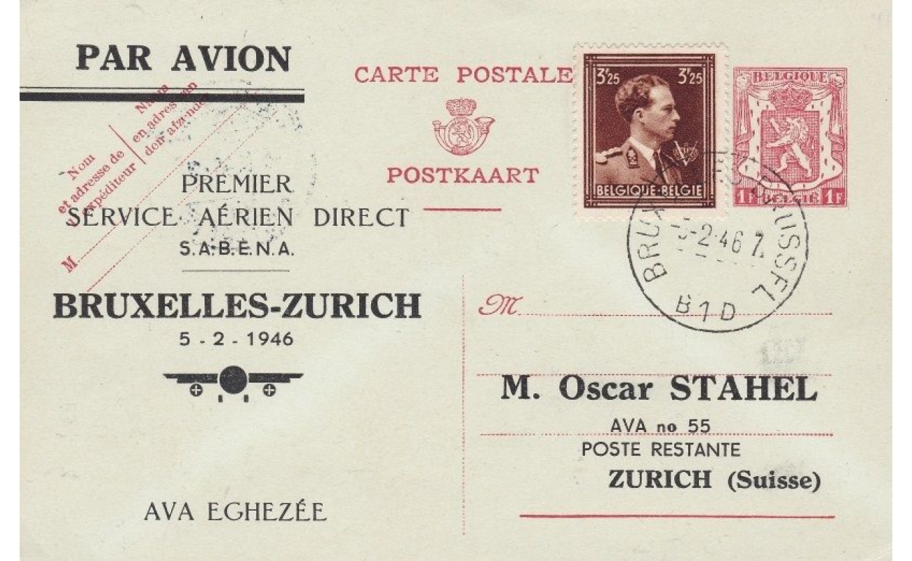 1946 BELGIO ,  Cartolina Primo Volo Bruxelles- Zurigo