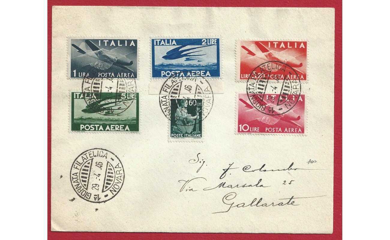 1946 ITALIA ,  n. 548 + PA 126/130 lettera filatelica Esposizione Novara
