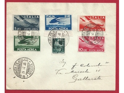 1946 ITALIA ,  n. 548 + PA 126/130 lettera filatelica Esposizione Novara