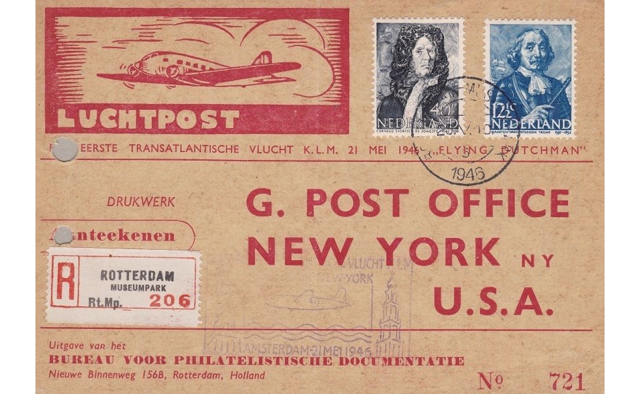 1946 OLANDA ,NEDERLAND, FIRST OFFICIAL FLIGHT AMSTERDAM - NEW YORK