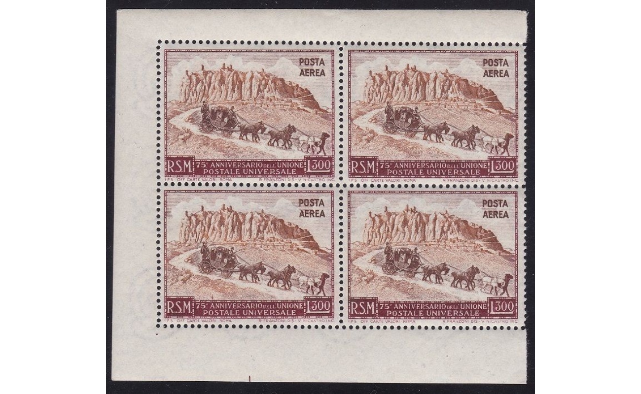 1951 SAN MARINO, PA n° 95  UPU 300 lire bruno-rosso e bruno MNH/** QUARTINA
