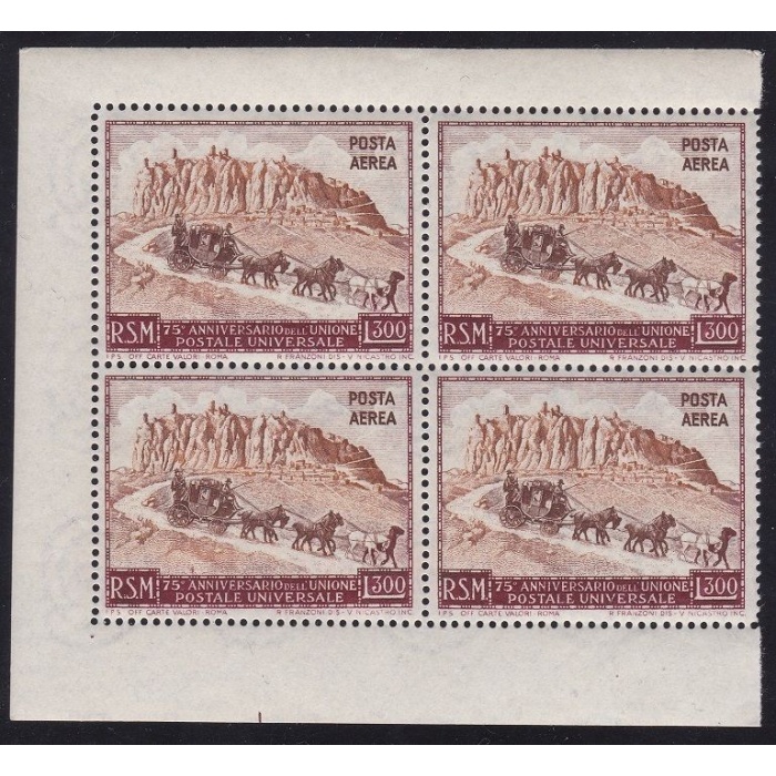 1951 SAN MARINO, PA n° 95  UPU 300 lire bruno-rosso e bruno MNH/** QUARTINA