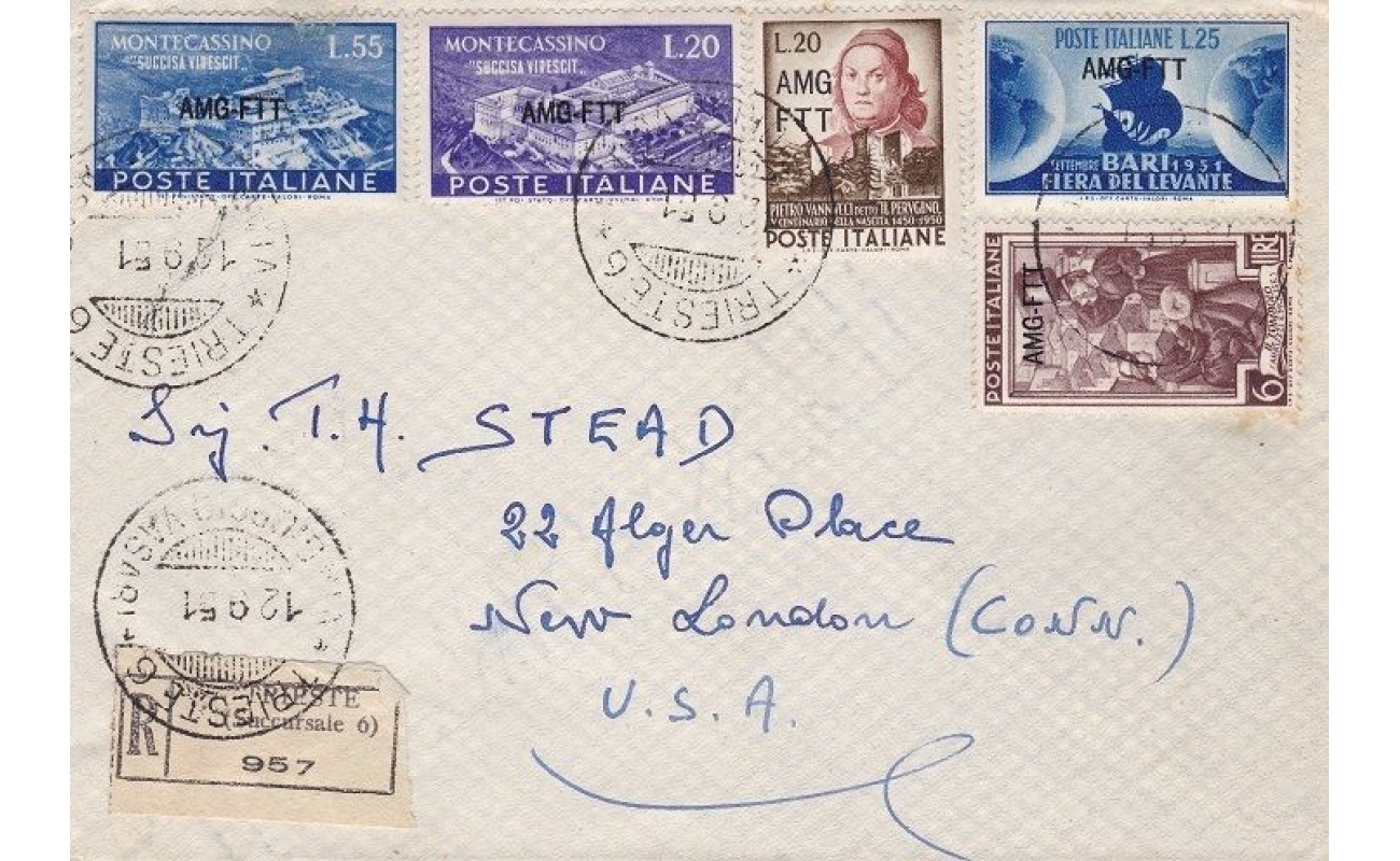 1951 TRIESTE A - n° 93+119/120+126+128 su Lettera per gli Stati Uniti VIAGGIATA