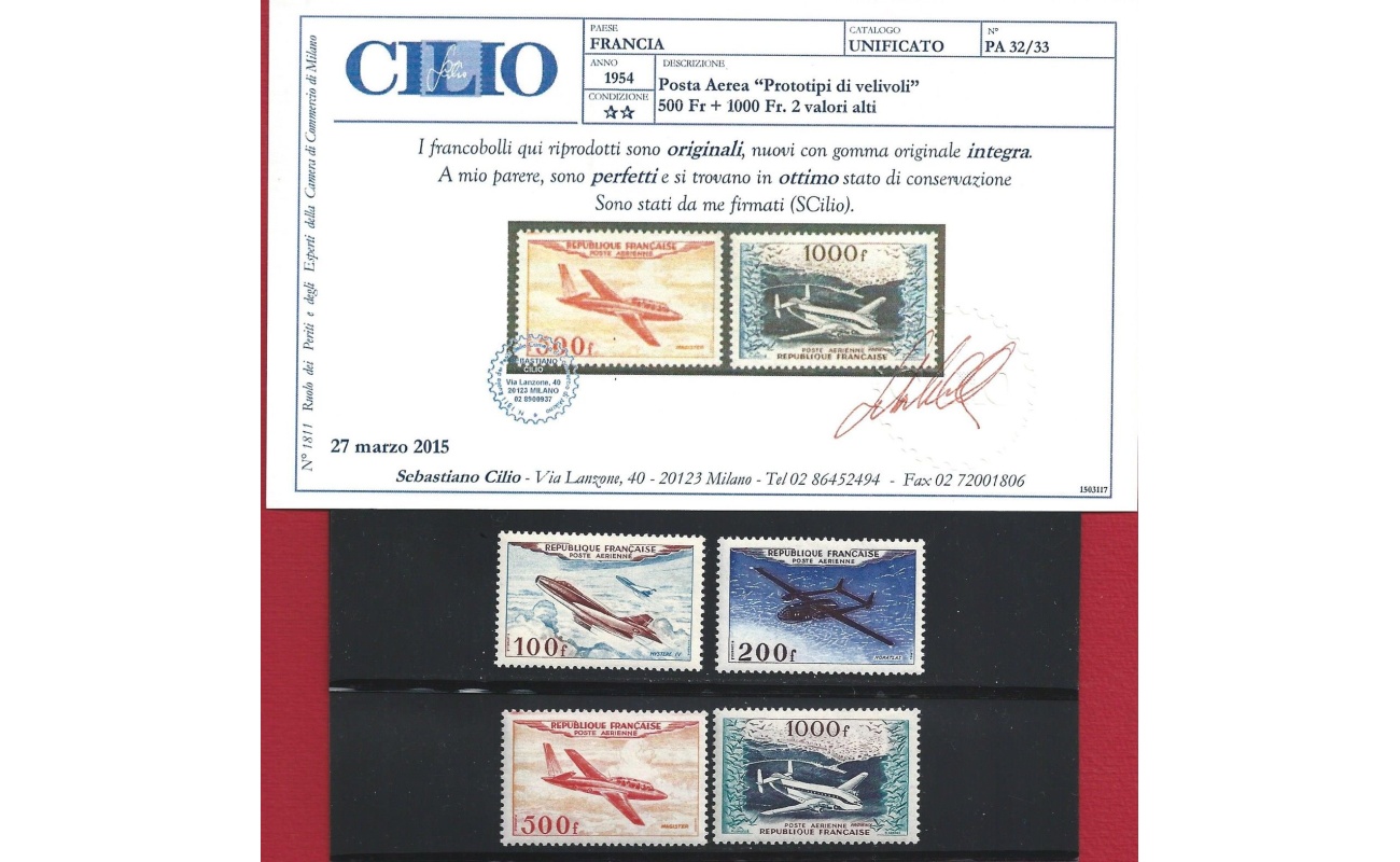 1954 FRANCIA, Posta Aerea n. 30/33 - MNH**  Certificato Cilio