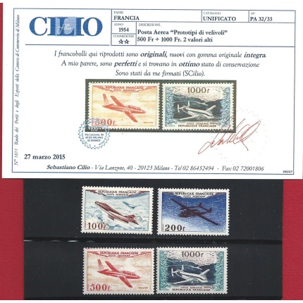 1954 FRANCIA, Posta Aerea n. 30/33 - MNH**  Certificato Cilio