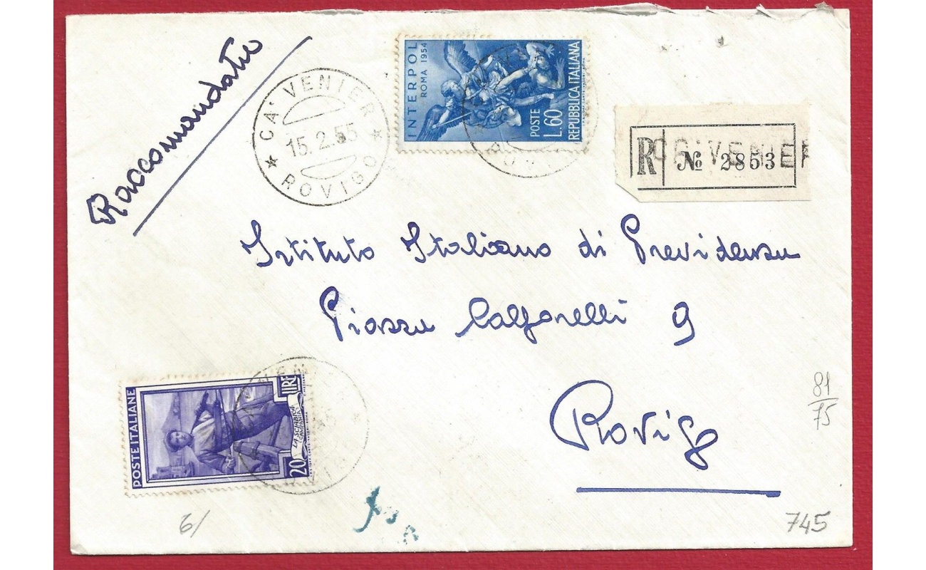 1955 Interpol n° 745 + Lavoro 20 Lire su lettera Raccomandata per Rovigo