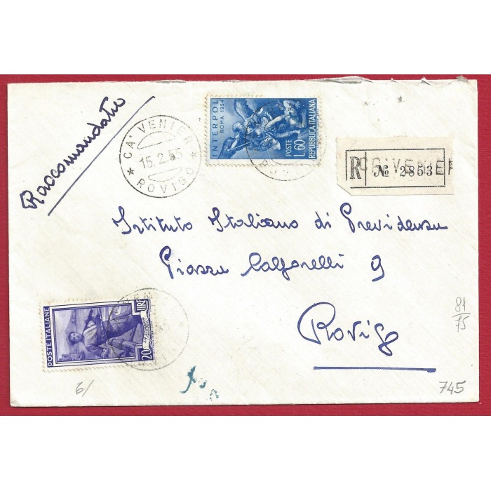1955 Interpol n° 745 + Lavoro 20 Lire su lettera Raccomandata per Rovigo
