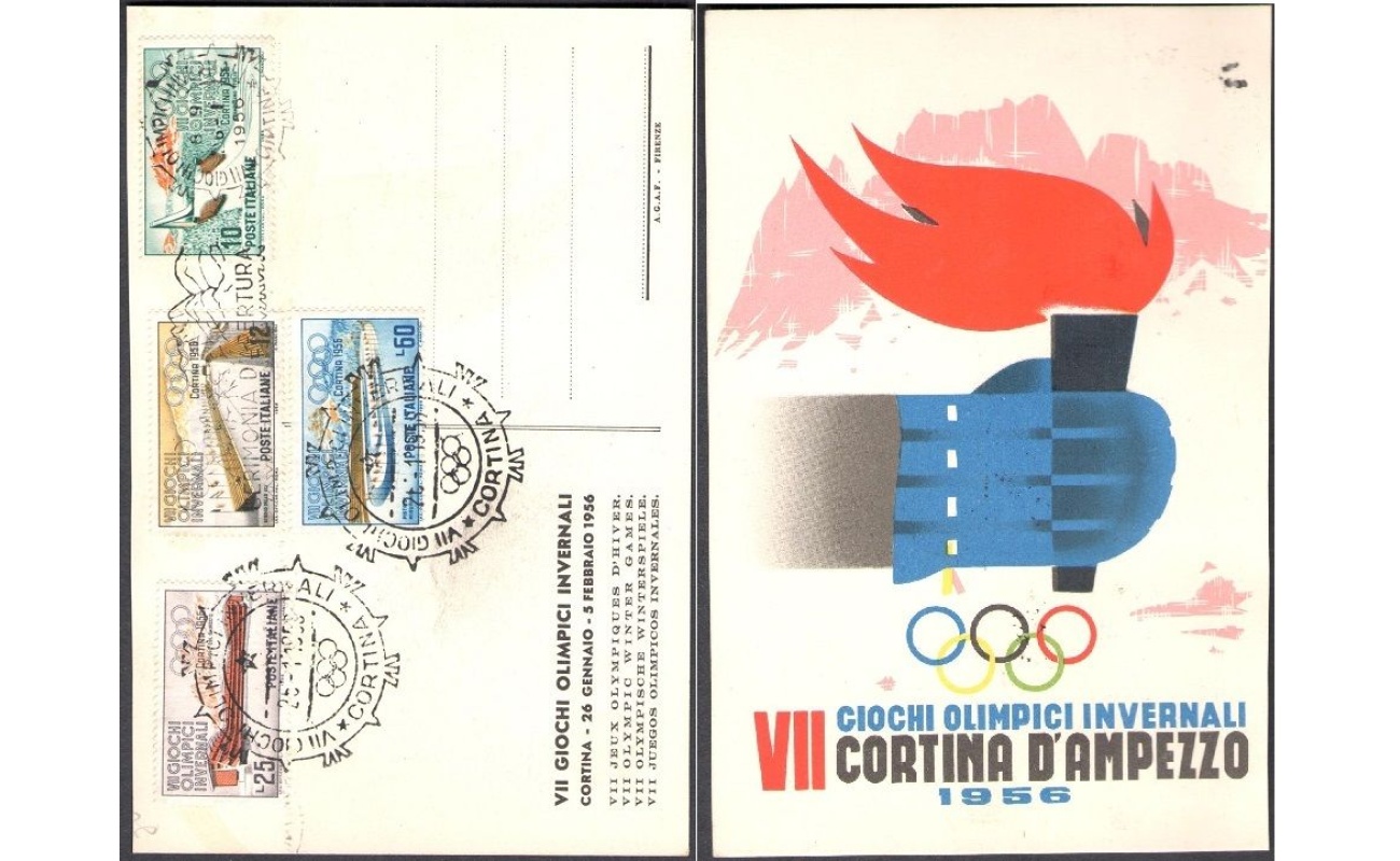 1956 Repubblica Cartolina Ufficiale VII Giochi Invernali Cortina e serie n°793/6