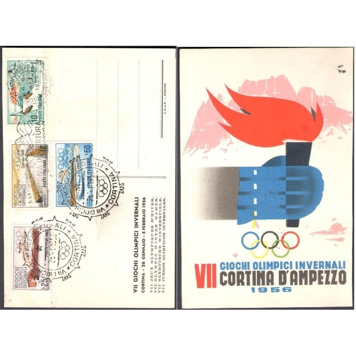1956 Repubblica Cartolina Ufficiale VII Giochi Invernali Cortina e serie n°793/6