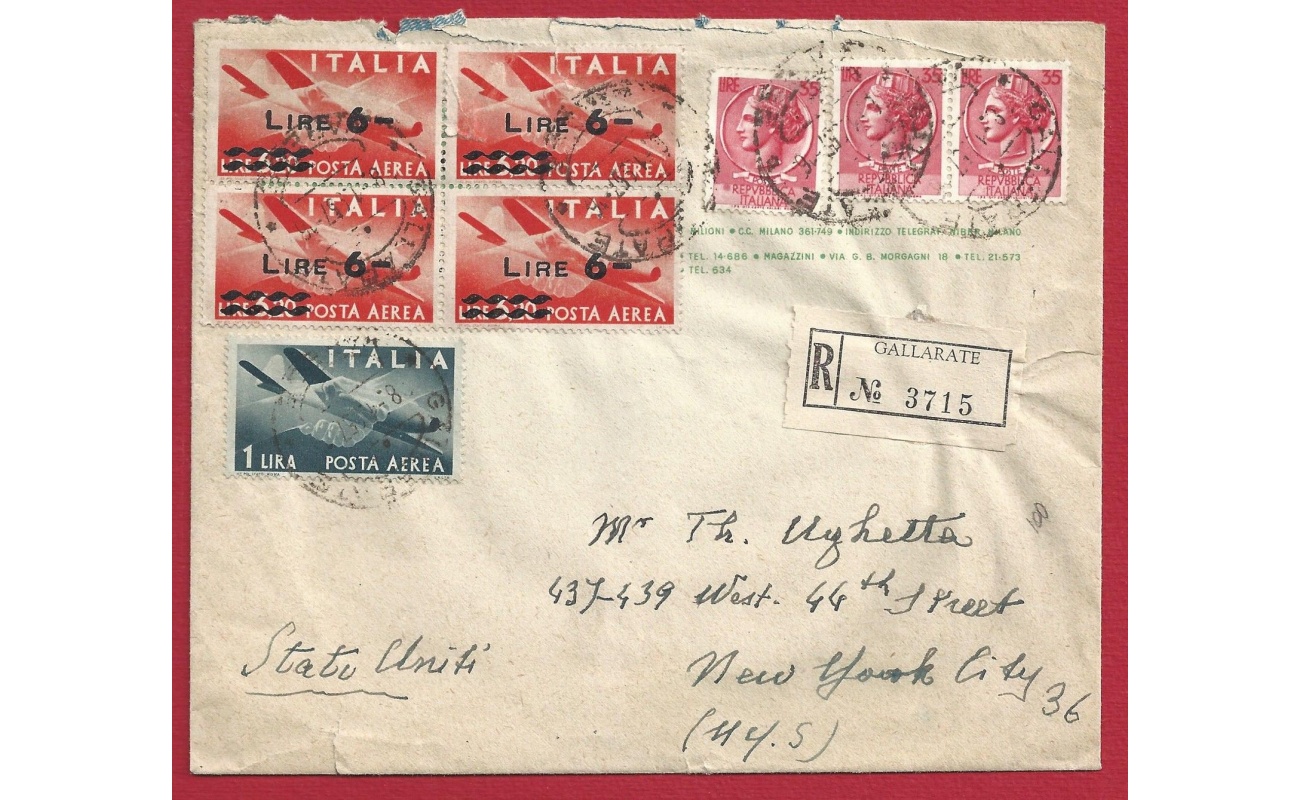 1957 ITALIA , Posta Aerea 126 + 135 (4) + n° 771 (3) su lettera per New York