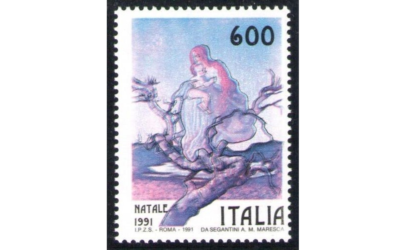 1991 Italia - Repubblica , Natale Lire 600 senza il giallo Certificato Carraro , n° 1611Aa MNH**