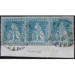 1851-52 TOSCANA, n. 5d - 2 crazie azzurro su grigio ,  STRISCIA DI TRE SU FRAMMENTO , Giulio Bolaffi