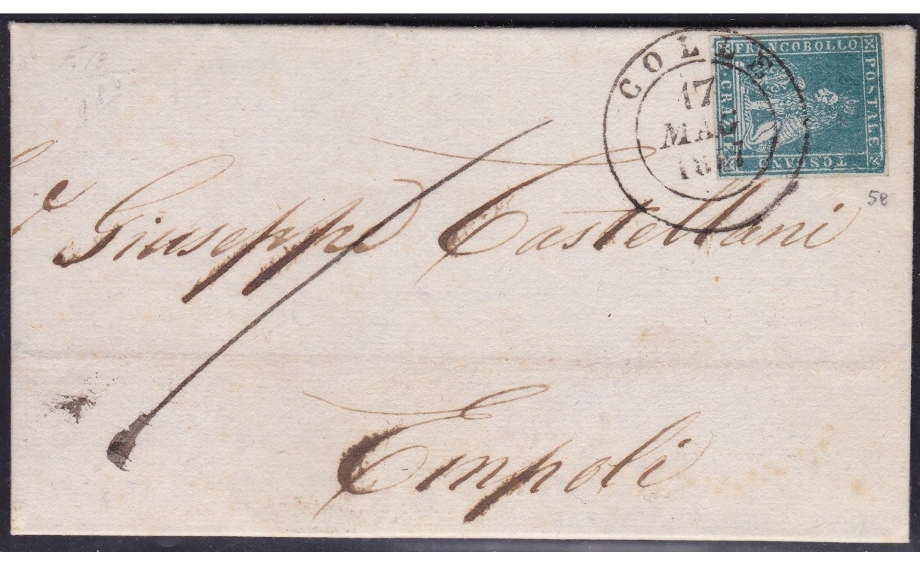 1851-52 TOSCANA, n° 5e 2 cr. azzurro verdastro su grigio LETTERA