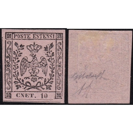 1854 MODENA, n° 9f 10 cent. rosa MLH/*  Firma Bolaffi VARIETA'