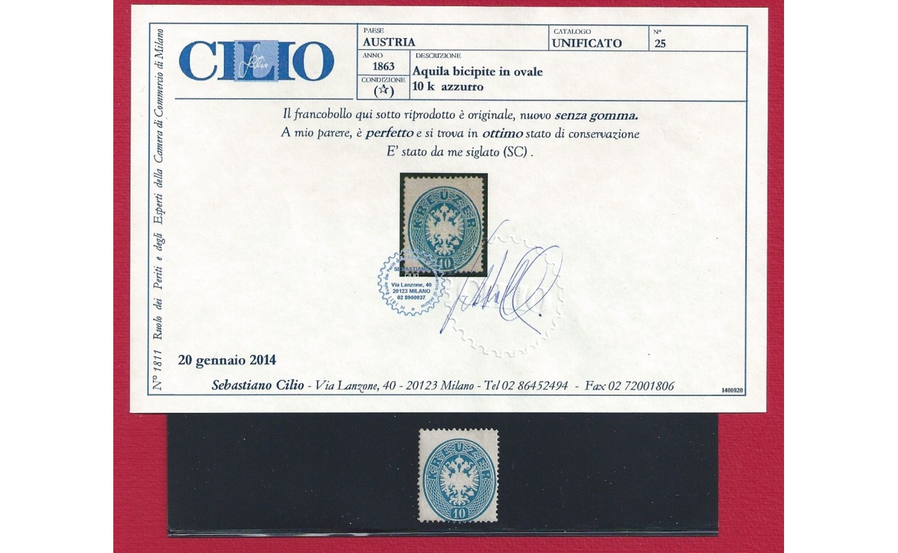 1863 Austria, n° 25 10k. azzurro (*) SENZA GOMMA Certificato Cilio