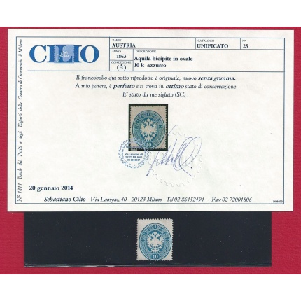 1863 Austria, n° 25 10k. azzurro (*) SENZA GOMMA Certificato Cilio