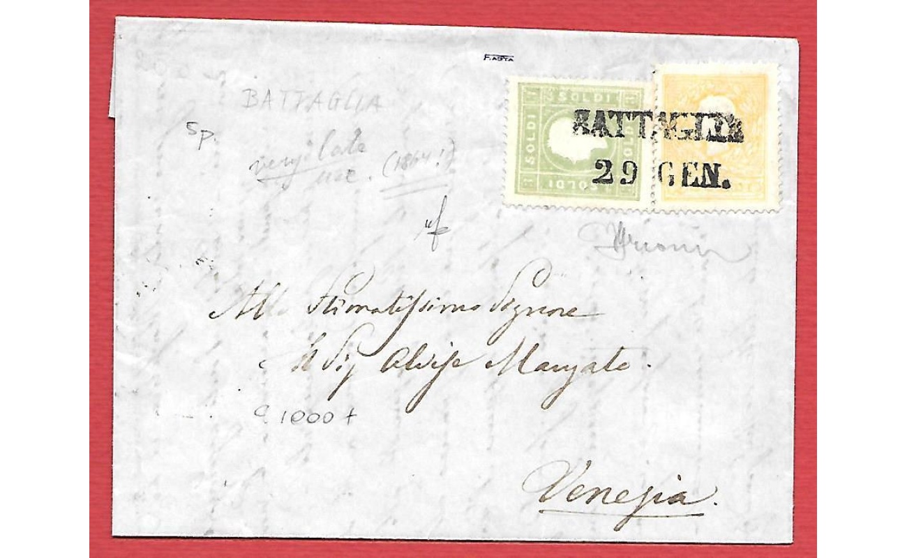 1864 LOMBARDO VENETO, n° 28+35 su lettera da Battaglia per Venezia