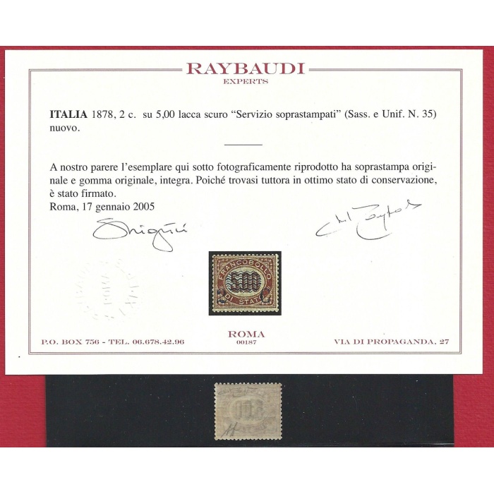 1878  Italia, n. 35 Servizio sovrastampato  MNH** Certificato Raybaudi