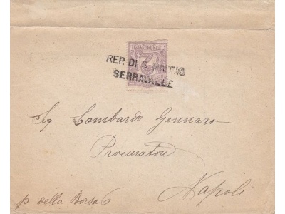 1903 SAN MARINO, n° 34  2c. violetto bruno su lettera. Francobollo ND in basso.