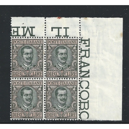 1910 REGNO - n° 91 , Michetti , Tipo Floreale ,  10 Lire oliva e rosa,  MNH** QUARTINA CENTRATA