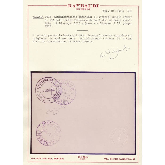 1913 ALBANIA - ALBANIEN - SHQIPERIA, Amm. Autonoma (1 Gr.) BUSTA Cert. Raybaudi